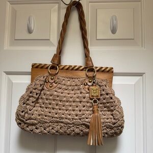 RAFE Tan Crochet Wood Framed Boho Fabric Bag with Vegan Leather Keychain Tassel